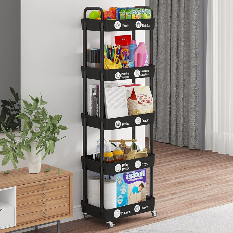 5-Tier Rolling Cart with Wheels,Multifunction Utility Storage carts, Kitchen Storage Organizer,Mobile Shelving Unit, Black