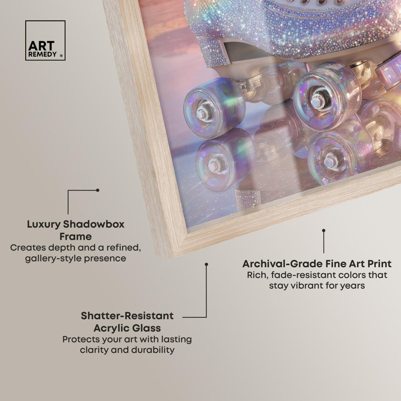 «Sparkling Roller Skates Fashion Art Shadowbox Print» par Art Remedy, H 13 po x l 13 po, Crème, crème