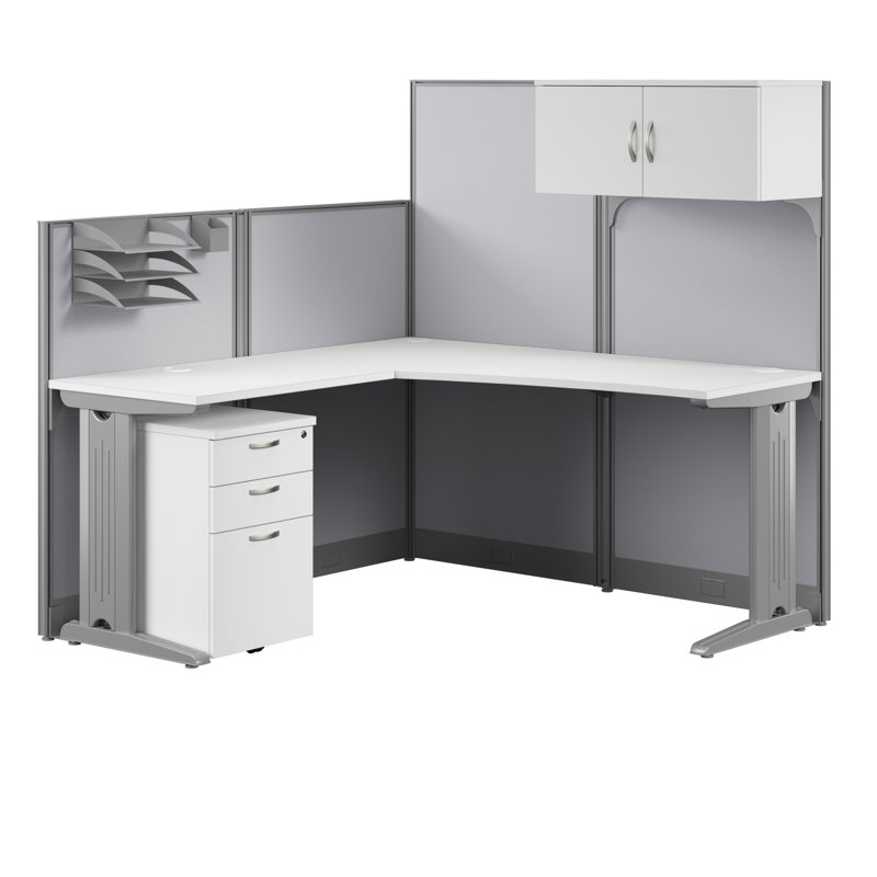 Office In An Hour L-Shaped 1 Person Cubicle with Cable Management, Pure White