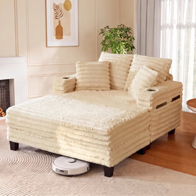 Méridienne intérieure, canapé-lit surdimensionné de 64 po avec structure en bois, canapé-lit rembourré pour le salon, la salle de cinéma, la chambre à coucher avec 4 poches de rangement et 2 porte-gobelets (velours côtelé moelleux, beige)