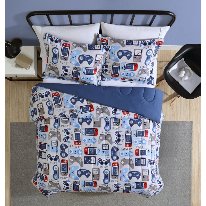 Twin Blue Microfiber Reversible Kids Gamer Comforter Set