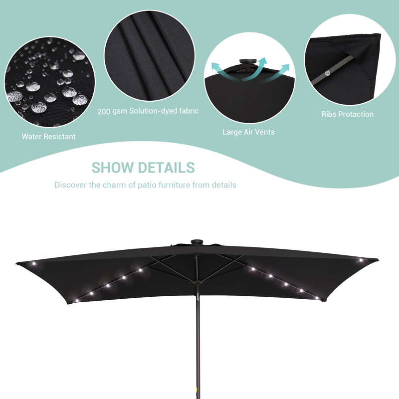 Parasol de marché solaire à DEL 10 x 6,5 po Wilfredo, Noir, noir, noir, noir