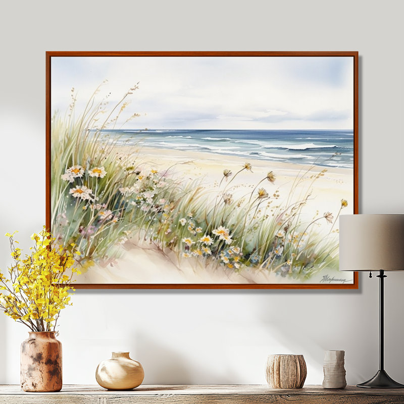 Fleurs sauvages sur la plage - Art mural fleurs sauvages, H 16 po x l 32 po, Cadre flottant brun