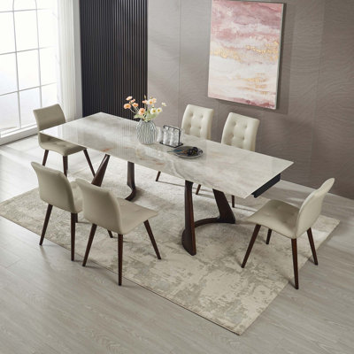 Expandable Dining Table with Heat-Resistant Stone Top and Solid Wood Base