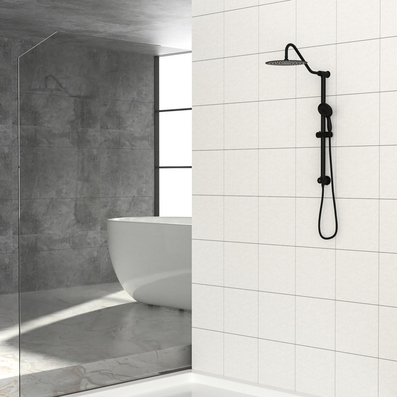 Système de douche noir mat 10 pouces avec douche à main à 5 fonctions. Barre coulissante de 26,3 po. Fixation murale, facile à installer. Pluie, massage, réglages de bulles. Comprend la tête, la douchette et le boyau. Buse facile. Sans valve