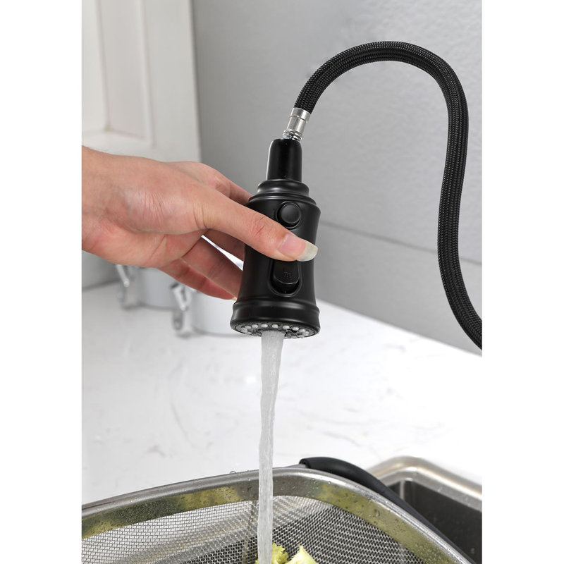 Robinet de cuisine noir mat avec rétractable, acier inoxydable, poignée simple, 3 modes de sortie d'eau, robinet rétractable, noir, réglages, construction robuste