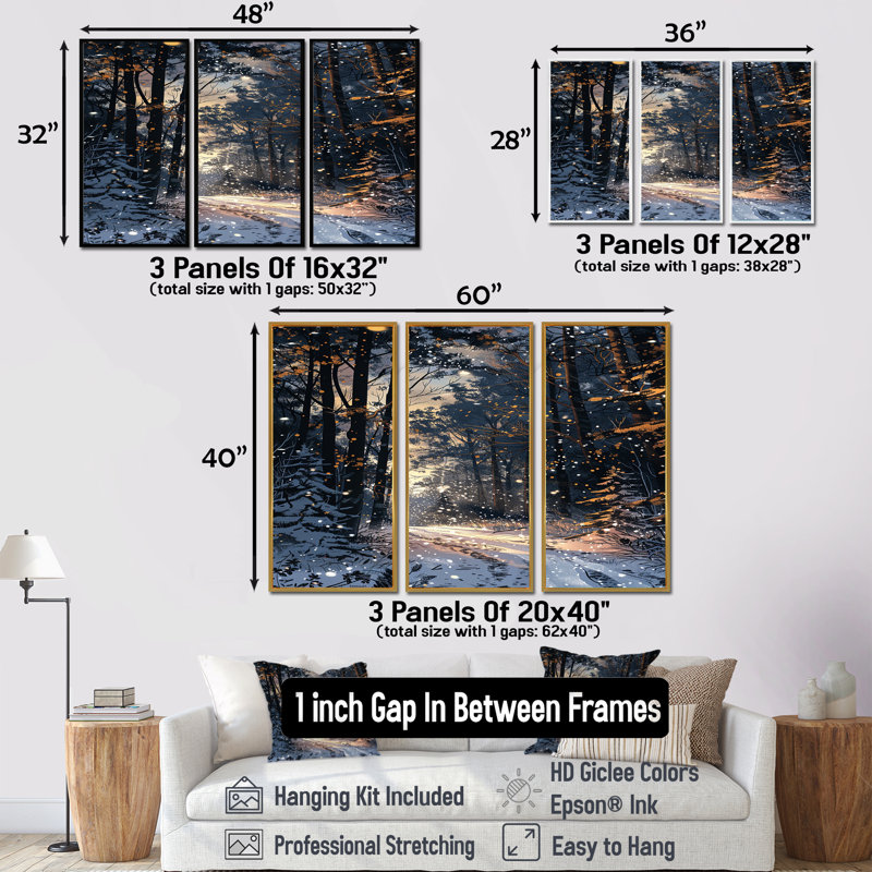 Chemin enneigé à travers la forêt d'hiver - ensemble de décoration murale forêt, H 40 po x l 60 po x P 1 po