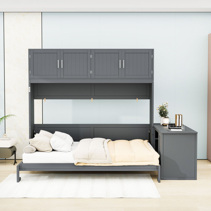 Grand lit escamotable mural avec bureau, armoires de rangement et tablettes, Gris