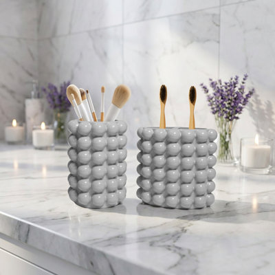 Riehemann Bubble Textured 2-Piece Bathroom Accessories Set, Resin Toothbrush Holder & Tumbler Cup Organizer for Bathroom Countertop, Gray