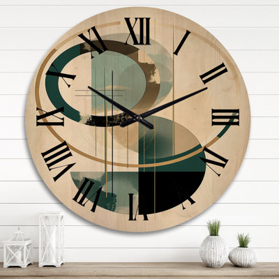 Mellott Full Moon Grace Retro Gold And Teal Abstract - Modern Geometric Oversized Wood Wall Clock