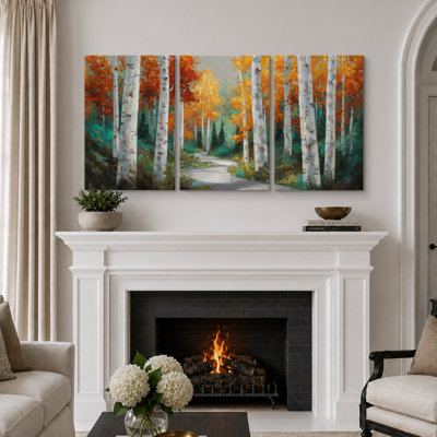 Colorful Birch Tree Woodland Artwork, Bedroom Pictures, Framed Canvas Giclee Print 3 Pieces Wall Art - 16"x24"x3pcs, 24"x36"x3pcs