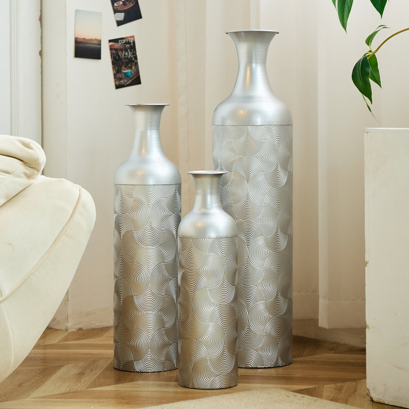Vases en métal argenté, ensemble de 3 vases de sol modernes à motif de vagues pour la décoration intérieure, grands vases à fleurs cylindriques pour le bureau du salon