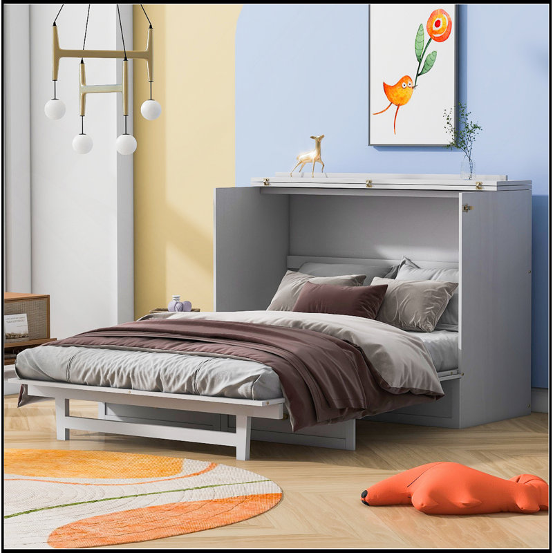 Lit escamotable avec grands tiroirs et ports USB, Lit double, Blanc