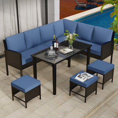 7-Piece Patio Furniture Set, Outdoor Couch With Coffee Table & Ottomans, PE Rattan Sofa Set With Cushions For Deck, Yard, Poolside