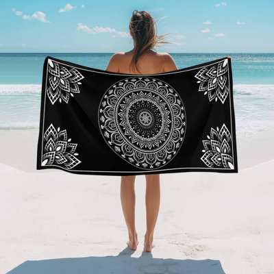 Serviette de plage Serviettes de bain noires Boho Magnifique fleur bohémienne absorbante Serviette de plage Doux Grand Séchage rapide Léger Camping Voyage Sports Yoga Gym Serviettes de bain pour adulte 35 x 70 pouces