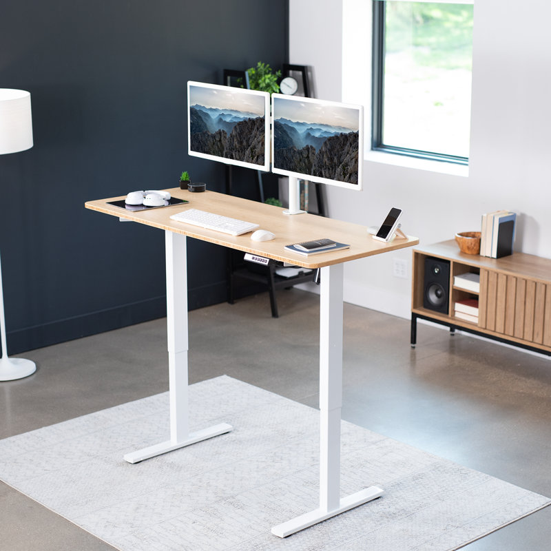 VIVO Single Motor Electric Desk with Push Button Memory Controller, 48.5" H x 60" W x 24" D, Light Wood/White