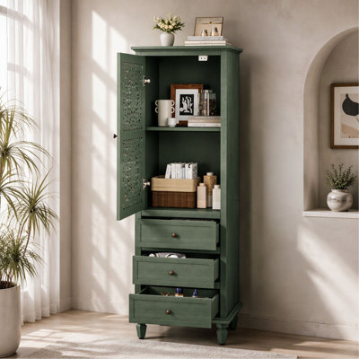 63" Tall Farmhouse Vintage Decorative Cabinet with Carved Door & 3 Drawers, Freestanding Tall Side Cabinet with Interior Storage, Retro Display Cabinet for Living Room Entryway Dining Room