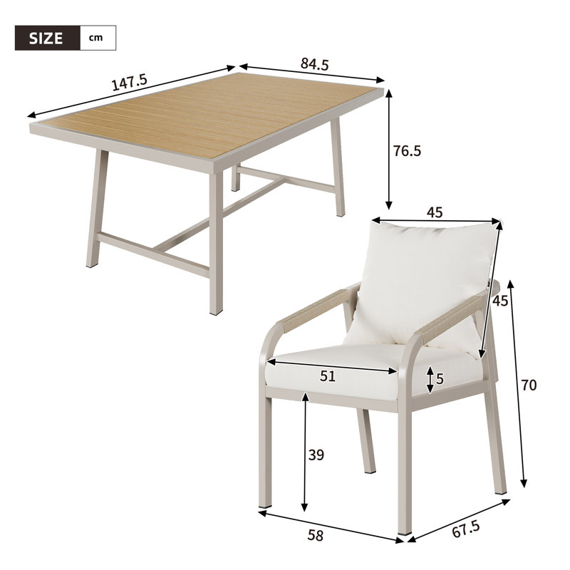 Patio Dining Set Umbrella Hole Included Table,, 76.5cm H x 147.5cm W x 84.5cm D, 6