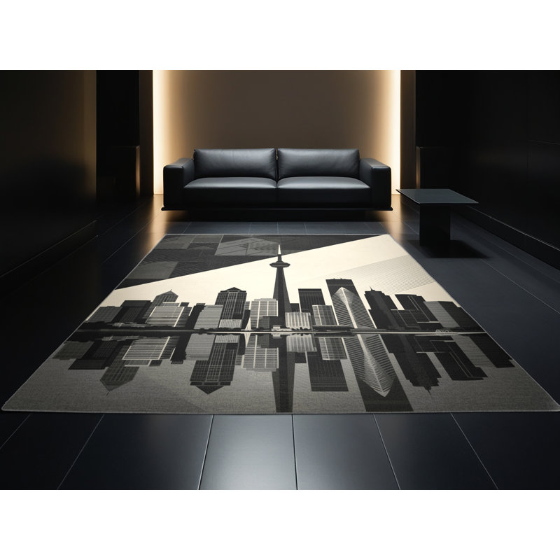 Tapis gris moelleux et doux à motif géométrique moderne Burnham Toronto Skyline, 4 x 6
