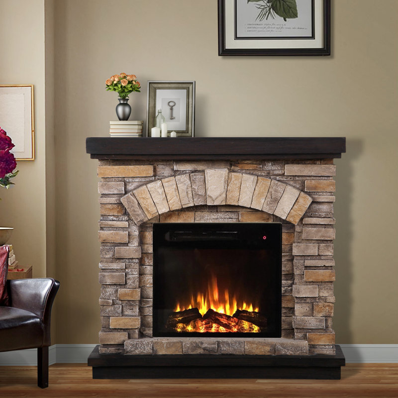 Laspisa Wade Logan® 36 " W Electric Fireplace with BTU 3400, Tan Stone/Black