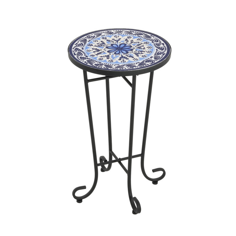 Table d'appoint de patio bleue et noire avec structure courbée élégante - plateau en céramique pour une utilisation extérieure et intérieure par temps résistant