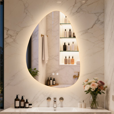Asymmetrical Backlit Lighted Bathroom Mirror 3 Lighting Colors Defog 500X700Mm