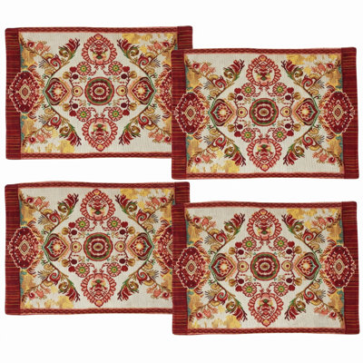 Rococo Elegant Ornate Woven Tapestry Placemat Set of 4 - Reversible Damask Table Mats for Fall Decor, Thanksgiving & Everyday Dining (13" x 19")