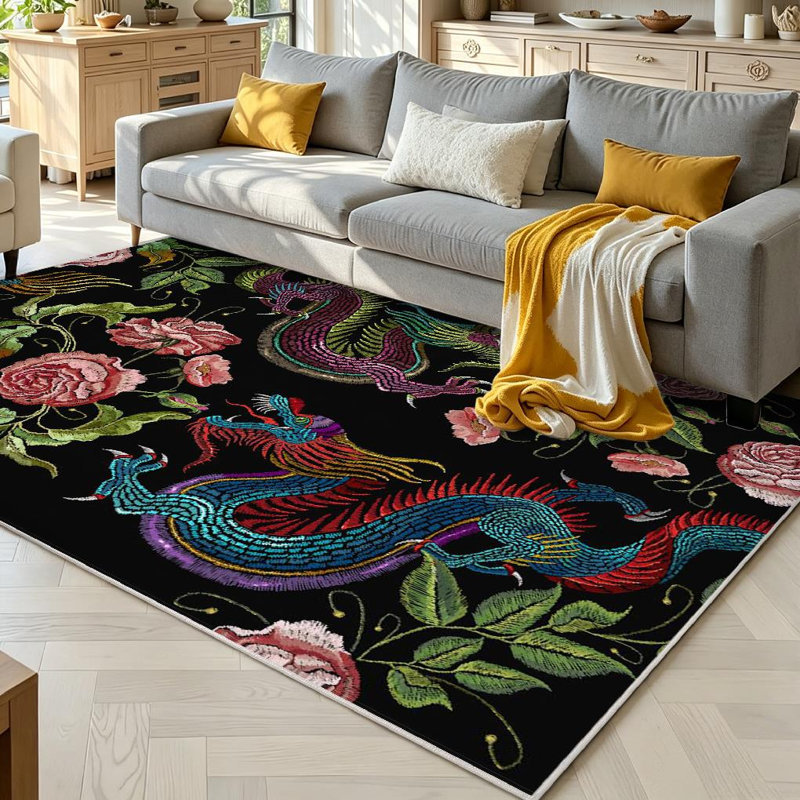 Tapis asiatique transparent lavable à la machine, dragons chinois et fleurs, Rectangle 71 po x 98 po