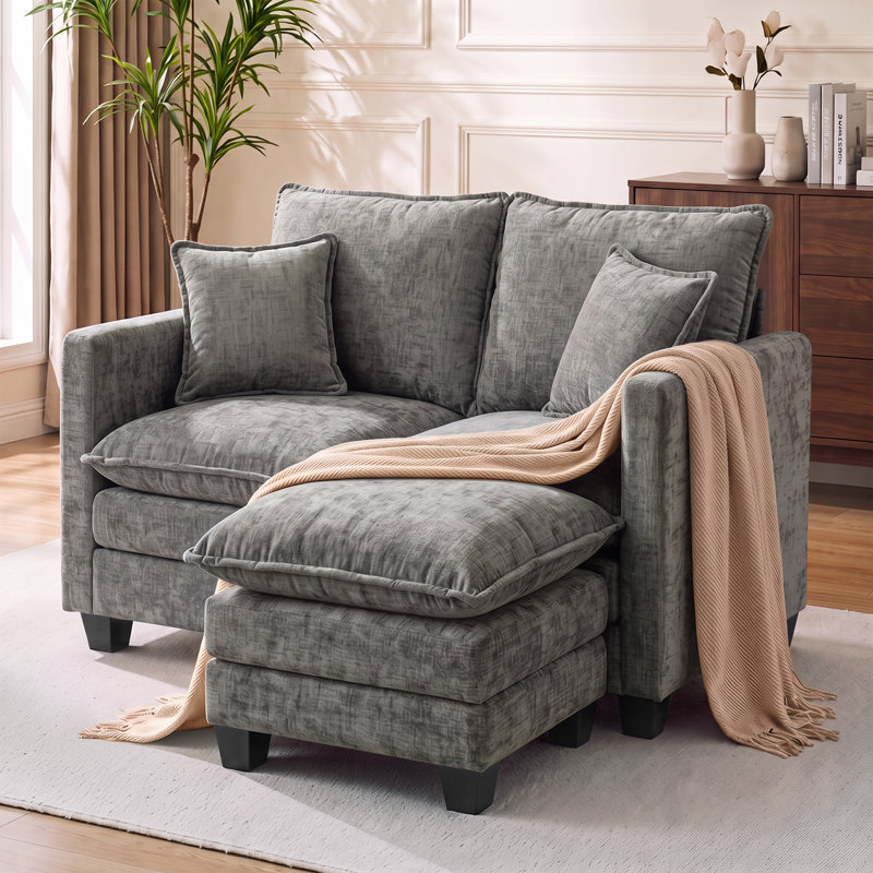 Canapé 52 po avec coussins et repose-pieds en chenille 52 po, Gris, L 52 po