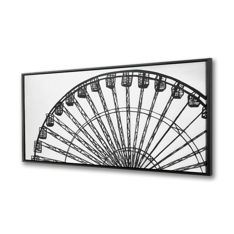 Grande roue monochrome | Toile encadrée pour décor de salon, H 25,25 po x l 49,25 po