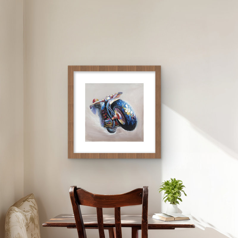 Motocyclette en saut - reproduction encadrée mat pour décoration intérieure, H 16 po x l 16 po, Brun