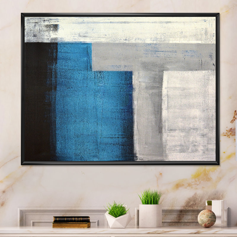 Teal Meets Gray Abstract Art - reproduction d'art sur toile, H 16 po x l 32 po x P 1 po, Toile avec cadre flottant noir