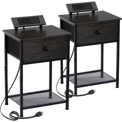 Ensemble de 2 tables de chevet modernes gris foncé avec station de charge et rangement pour tiroirs