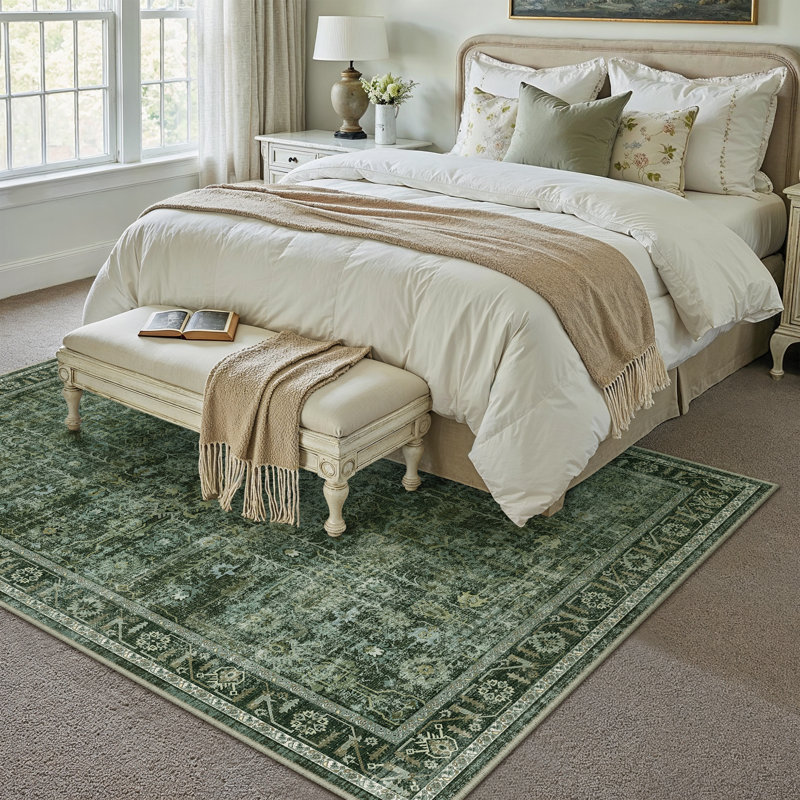 Ladonya Vintage Washable Green Area Rug with Non-Slip Backing, Rectangle 6' x 9'