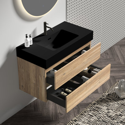 Meuble-lavabo mural flottant de 36 pi avec lavabo en chêne, doubles tiroirs noirs doux, design moderne Mid-Century, panneau de grille, mélange de couleur noyer, panneaux E1, laque E0, poignée cachée pour
