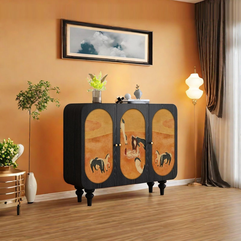 Buffet en bois massif avec art abstrait, Noir, noir, noir, noir