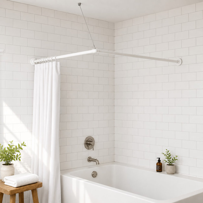 Tringle de rideau de baignoire murale en L réglable en angle 37 à 71L - largeur 31,5 blanc