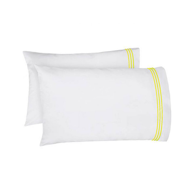 400TC Triple Embroidery Cotton Sateen Pillowcases (Set Of 2), White/Yellow