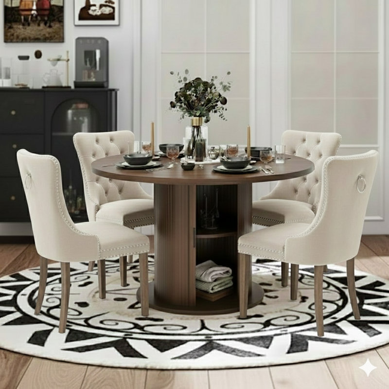 5 Pieces Round Dining Table Sets For 4-6 People, Beige/Brown