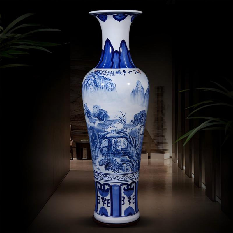 55.12"Jingdezhen hand-painted blue-and-white landscape floor-standing large vase decoration piece, Overal Height - 55.12"