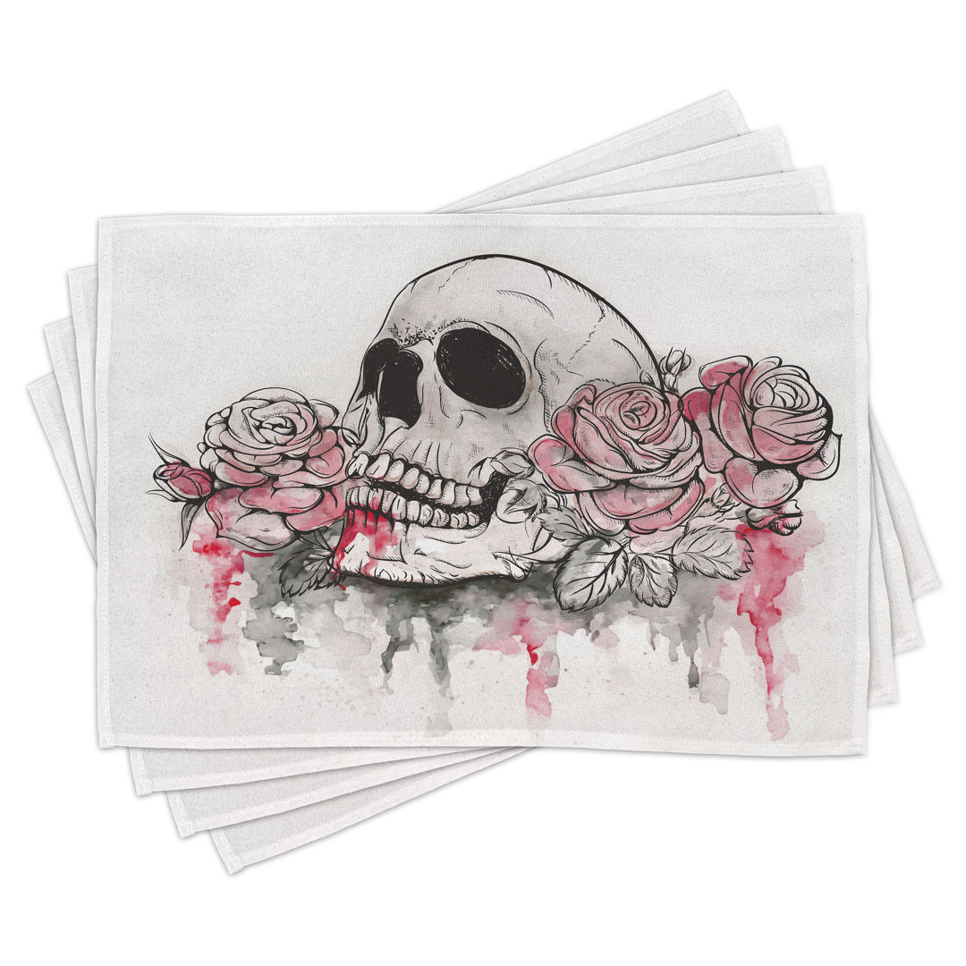 Platzdeckchen 4er-Set, Totenkopf-Rosen, weiß blass rosa schwarz