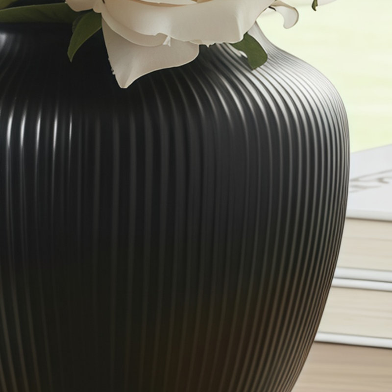 2-Piece 5-Inch Black Textured Striped Round Ceramic Vases