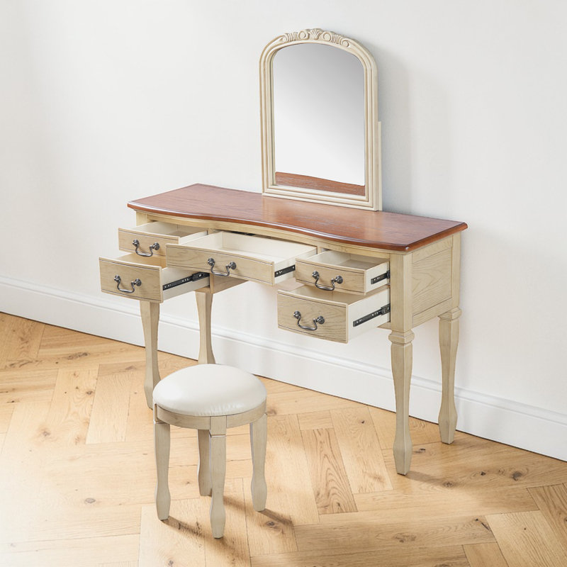46" Makeup Vanity Set With Stool, Curved Floral Mirror, Wood, 5 Drawers Storage, Vintage, Bedroom Dressing Area