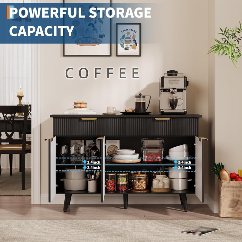 47" Modern Sideboard Buffet Cabinet With Storage, Large Coffee Bar Cabinet With 3 Fluted Doors & 2 Drawers, Kitchen Storage Cabinets With Adjustable Shelves For Living Room, Dining Room