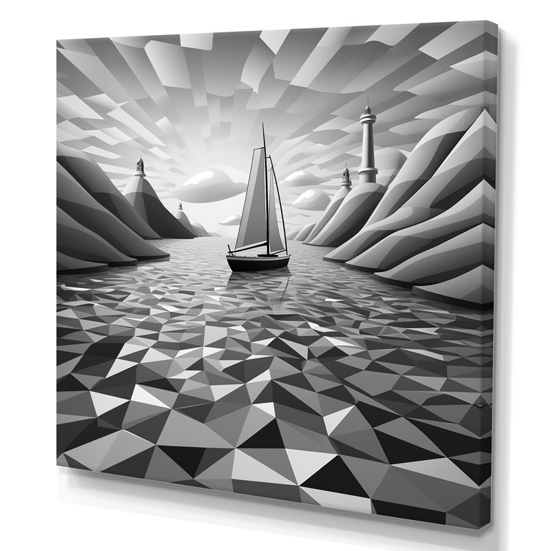 Motif géométrique de bateau solitaire - Bateau côtier, art mural, Toile tendue, H 30 po x l 30 po x P 1,5 po