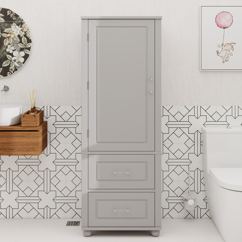 Grande armoire de rangement pour salle de bain, armoire de rangement autoportante avec deux tiroirs et tablette réglable, panneau de fibres à densité moyenne avec finition peinte, gris