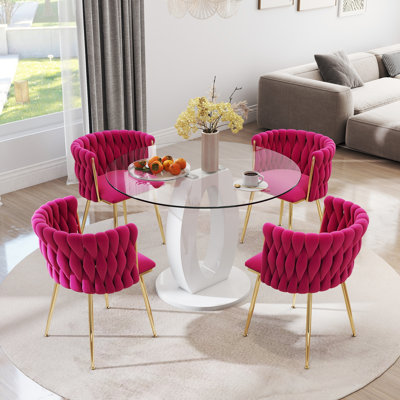 Modern Round Dining Set, Tempered Glass Dining Table with Weavon Velvet Chair for Dining Room and Small Space