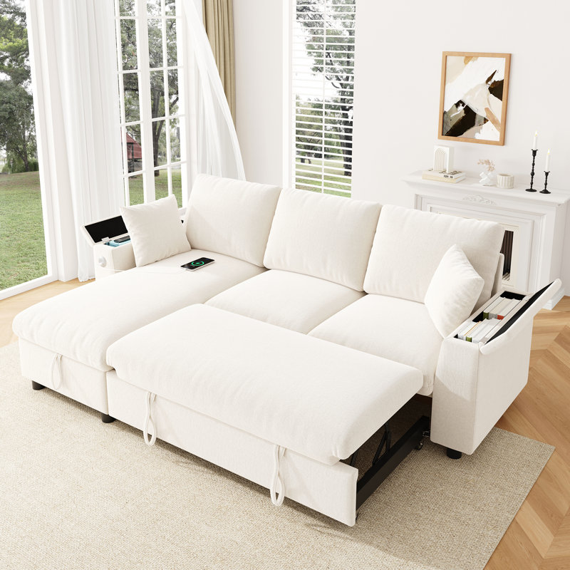 L-shaped 5‑Seater Sofa Bed with Two Storage Armrests, Hidden Fold-out Side Tray with Two Cup Holders, 1 USB Port & 1 Type-C Port, Reversible Left/Right Chaise Lounge