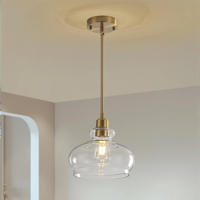 Luminaire suspendu simple en or brossé avec abat-jour en verre transparent