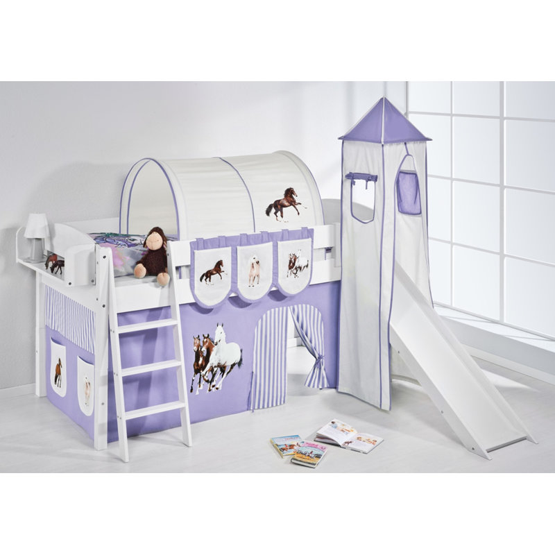 Pferde European Single (90 x 200cm) Mid Sleeper Bed With Curtain, Purple/Beige